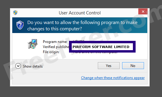 Screenshot where PIRIFORM SOFTWARE LIMITED appears as the verified publisher in the UAC dialog